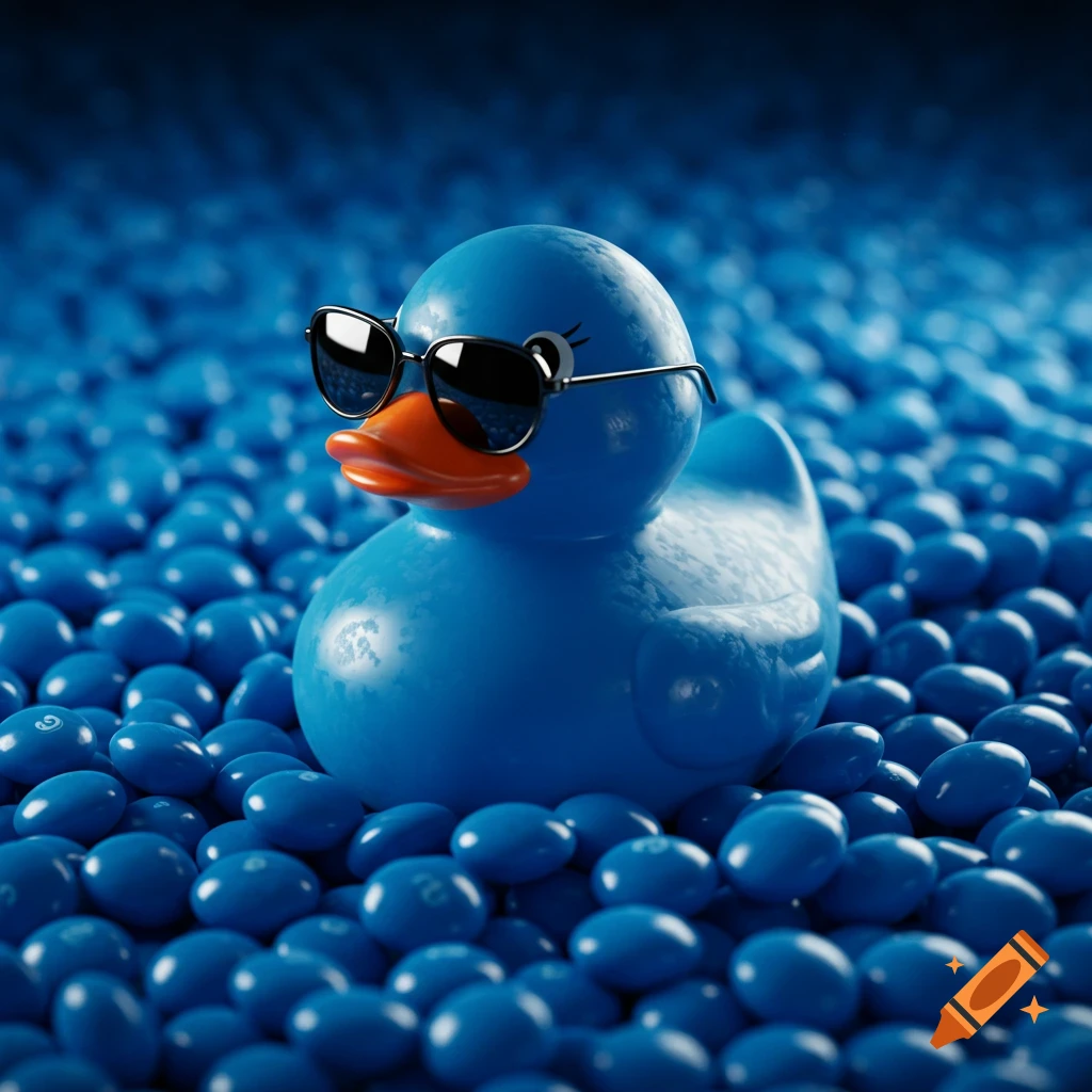 A realistic blue rubber duck wearing sunglasses sits on a large pile of blue candies.