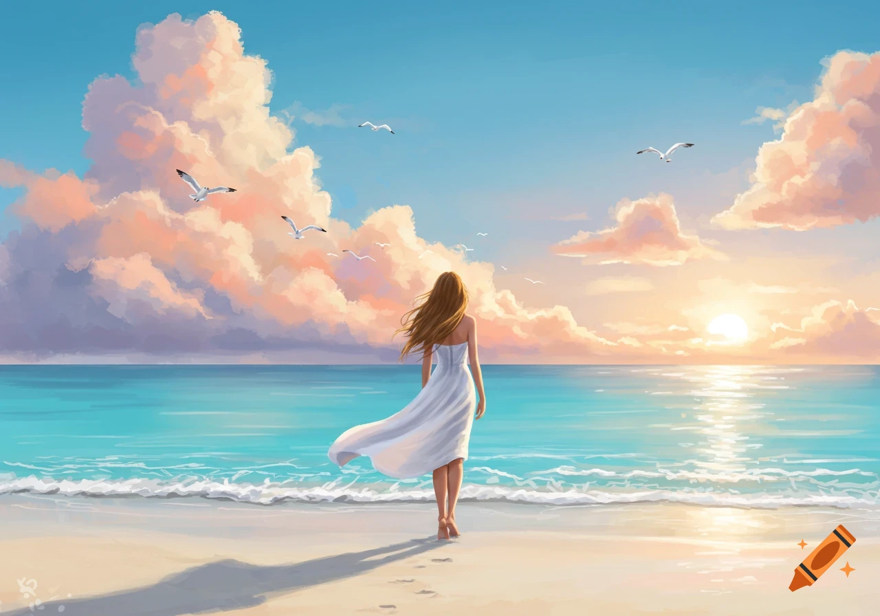 A woman in a white dress walks on a beach towards a vibrant sunset over the ocean, with seagulls flying. Digital painting.