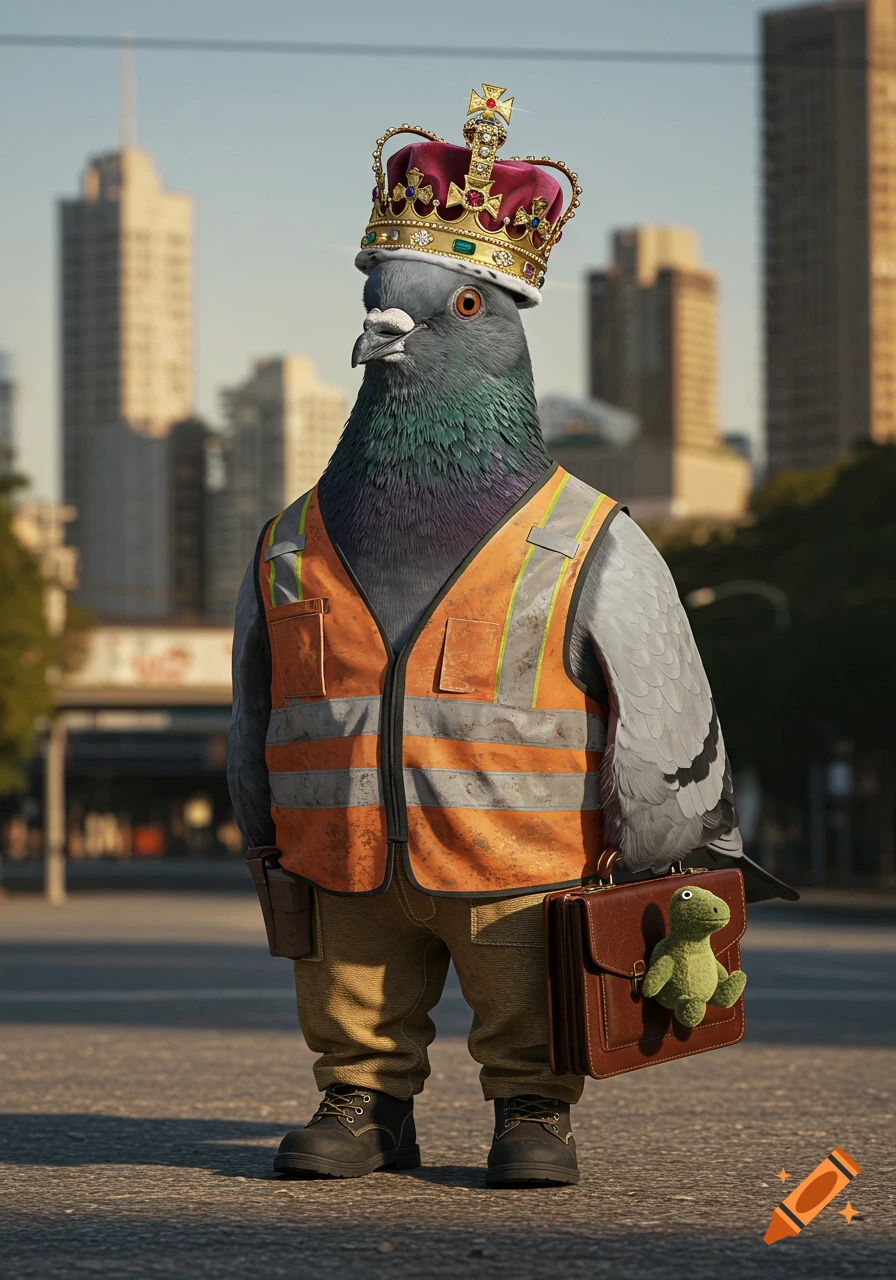 A photorealistic pigeon wearing a golden crown, orange high-vis vest, and boots, holding a briefcase with a green dinosaur plushie, standing on a city street.