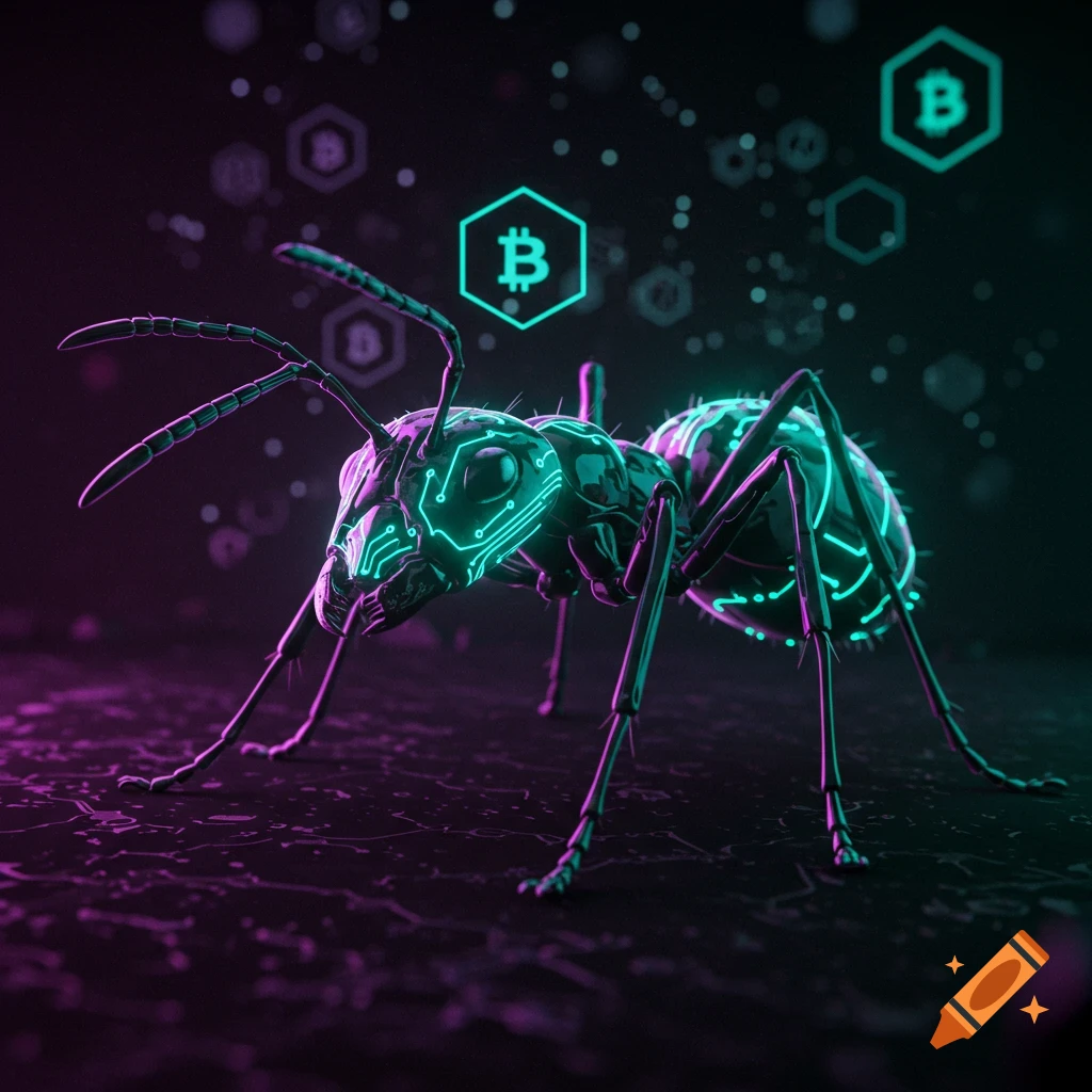 A close-up of a futuristic cyberpunk ant with glowing neon green circuit patterns on its body, against a dark background with floating neon Bitcoin symbols and purple lighting.