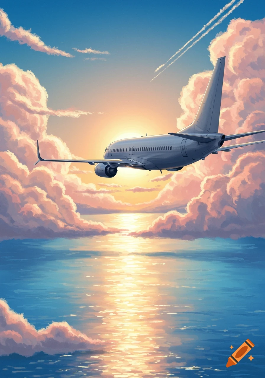 An airplane flies above the ocean at sunset, with golden light reflecting on the water and soft, puffy clouds in the sky, in an anime style.