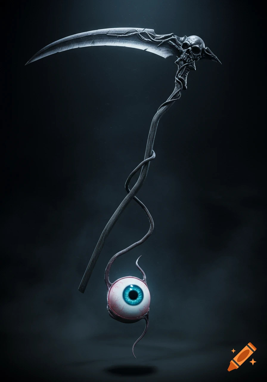 A dark, stylized reaper's scythe with a skull hilt, featuring a glowing blue eyeball wrapped by an optic nerve on its staff.