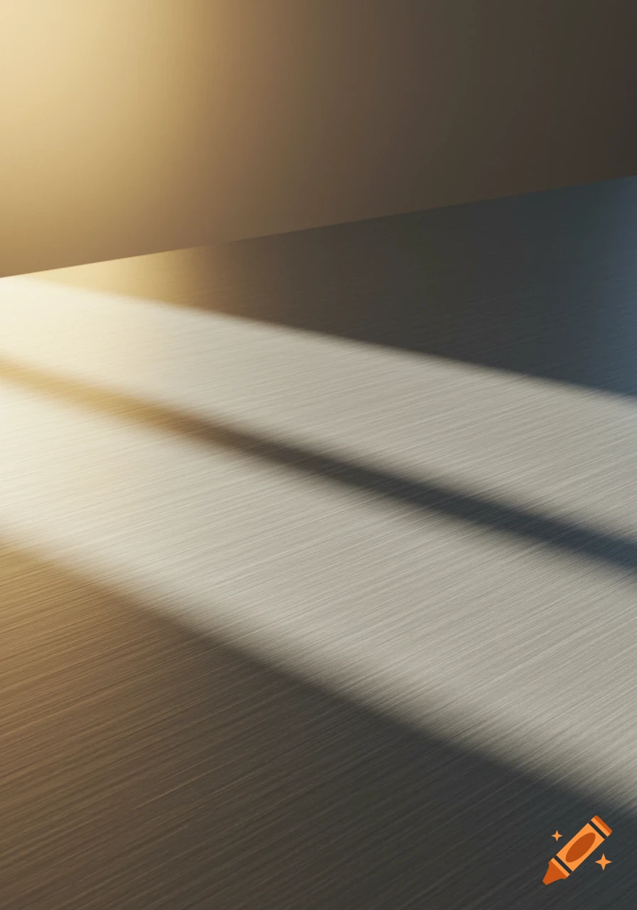 A photorealistic image of a steel metal tabletop from above, with a soft beam of sunlight falling diagonally across it.
