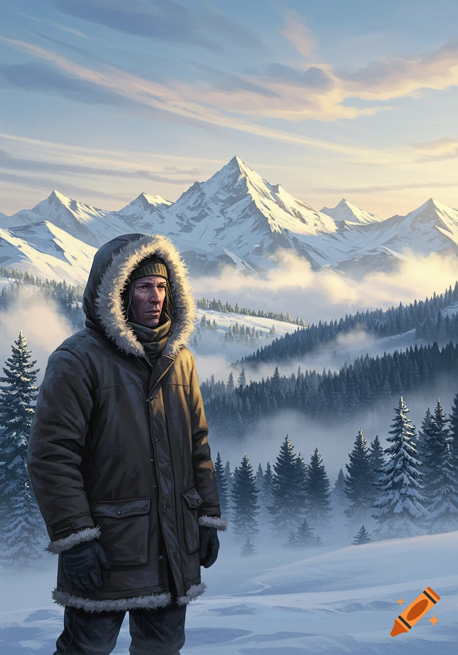 A person in a heavy winter parka and hat stands in a snowy mountain landscape with pine trees and a cloudy sky.