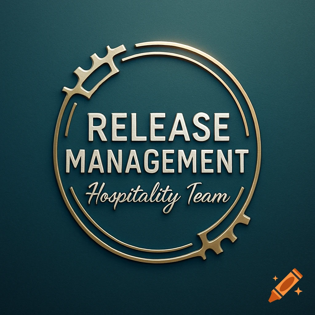 A circular gold and silver logo with the text "RELEASE MANAGEMENT Hospitality Team" in the center.