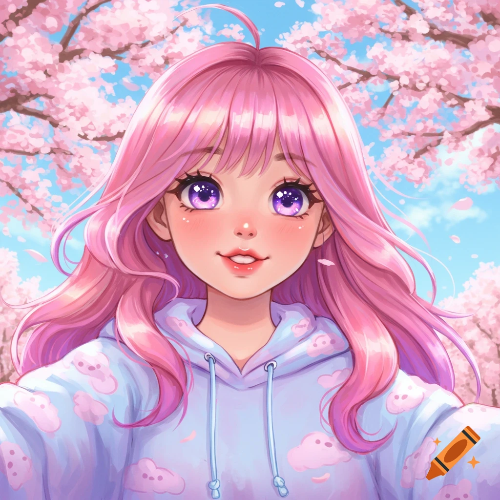 A cute anime girl with pink hair and purple eyes takes a selfie in a cherry blossom garden.