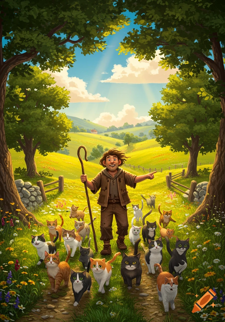 A cartoon boy with a staff herds a large group of cats along a dirt path through a vibrant, sunny green meadow.
