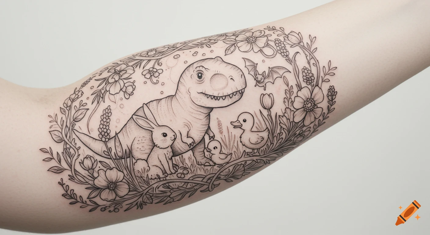 A black and grey line art tattoo on an arm depicts a cute T-Rex, bunny, bat, and ducklings surrounded by intricate flowers and foliage.