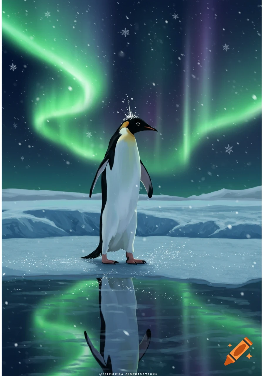 A penguin wearing a crown stands on an icy plain under a vibrant green and purple aurora borealis sky.
