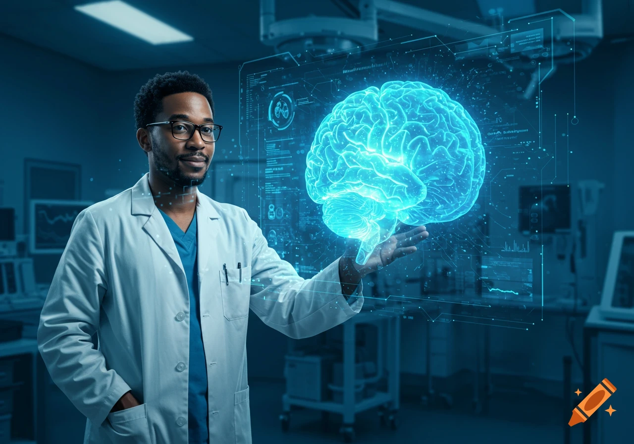 A male doctor in a lab coat holding a glowing blue holographic brain in a high-tech medical room.