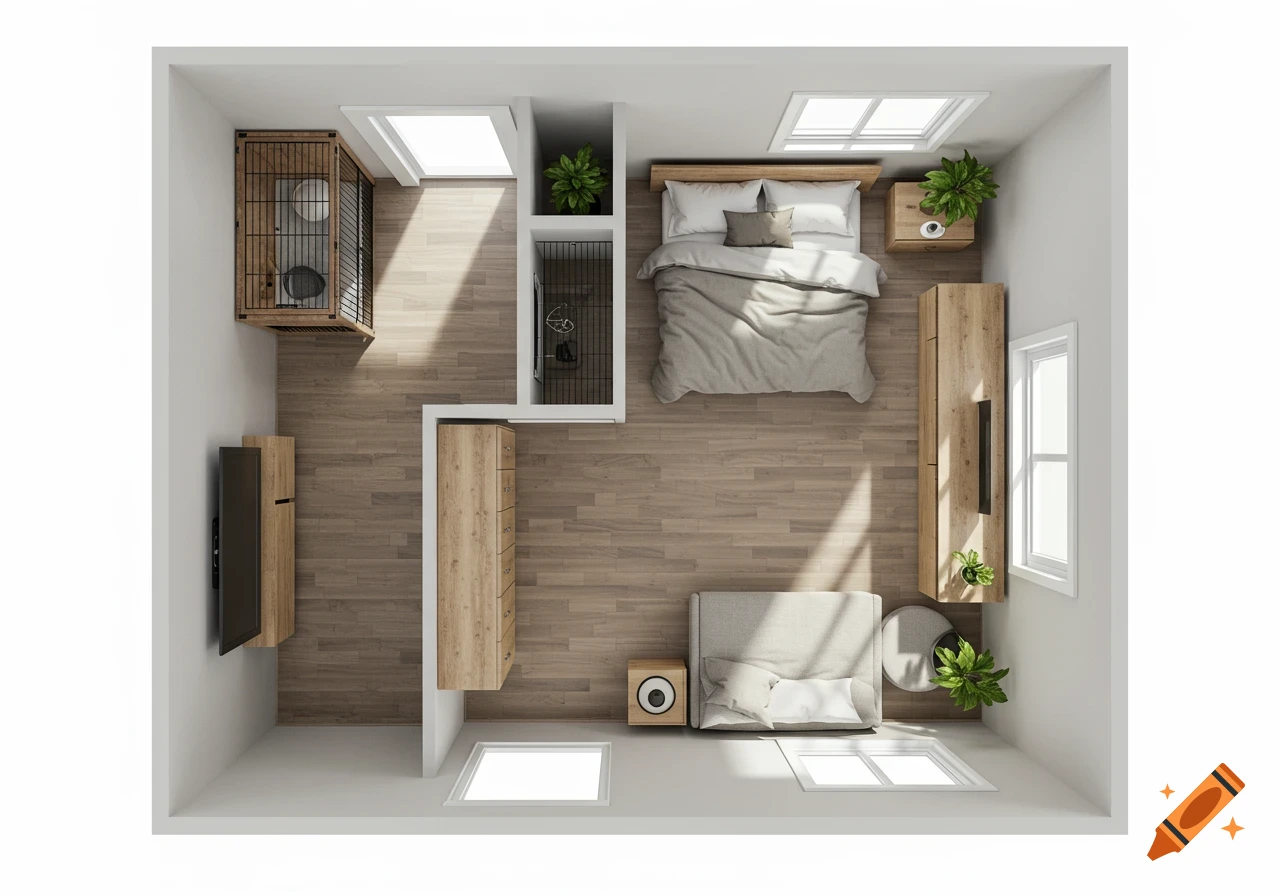 A top-down view of a modern, minimalist bedroom with a bed, dresser, TV, dog kennel, and plants in natural colors.