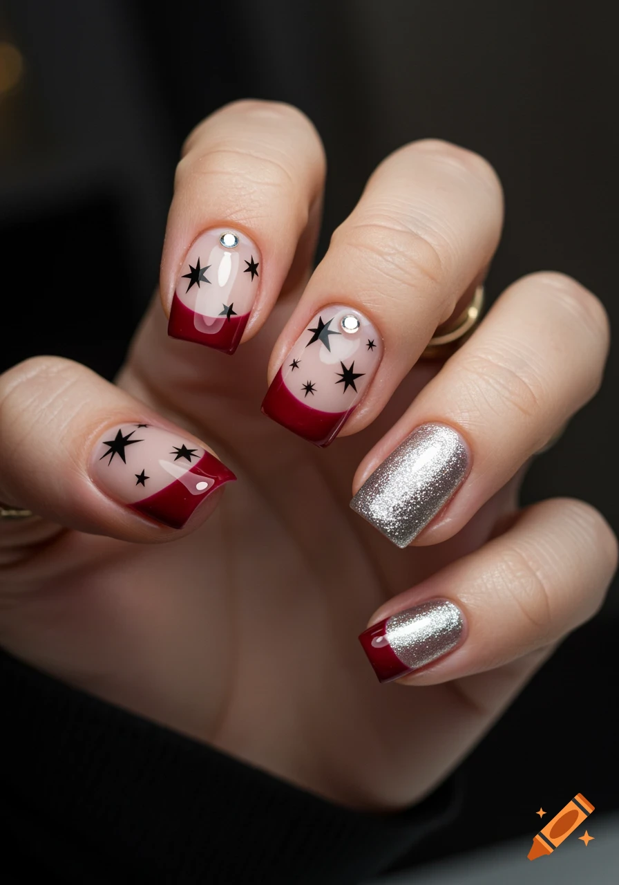 Close-up of a hand with festive nail art, featuring red French tips, black stars, silver glitter, and small gemstones.