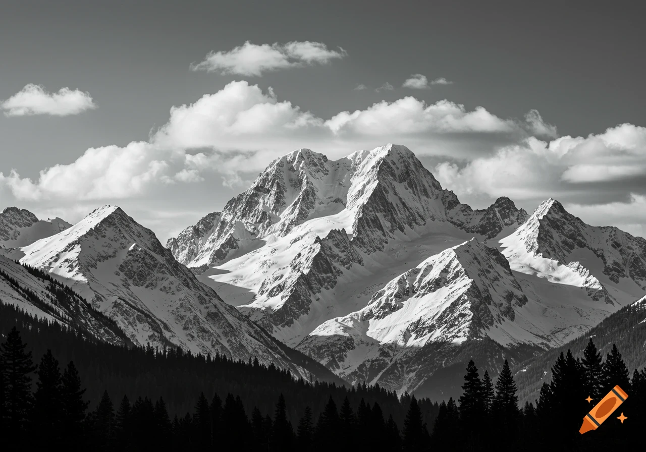 A black and white photograph of snow-capped mountains and dark pine trees under a cloudy sky.