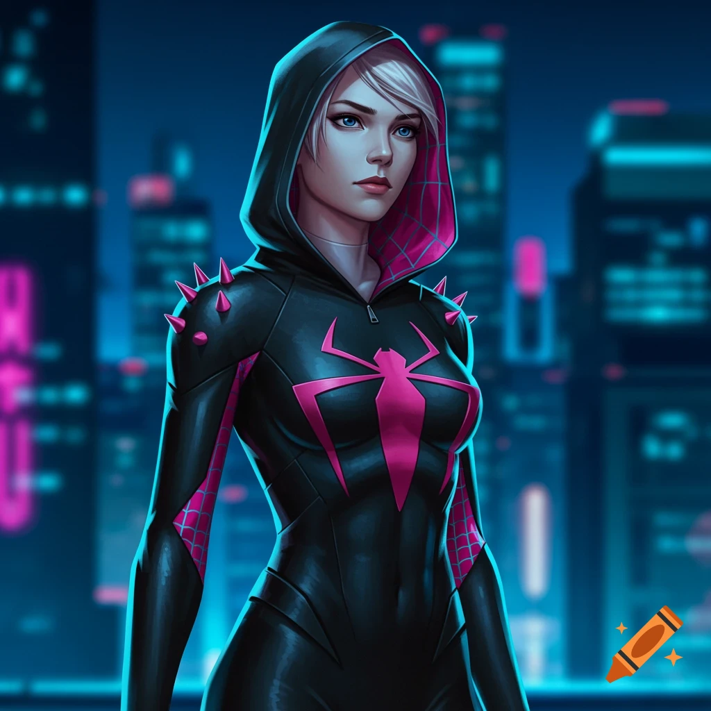 Digital art of a female superhero in a black and pink spider suit with spikes, set against a neon city.