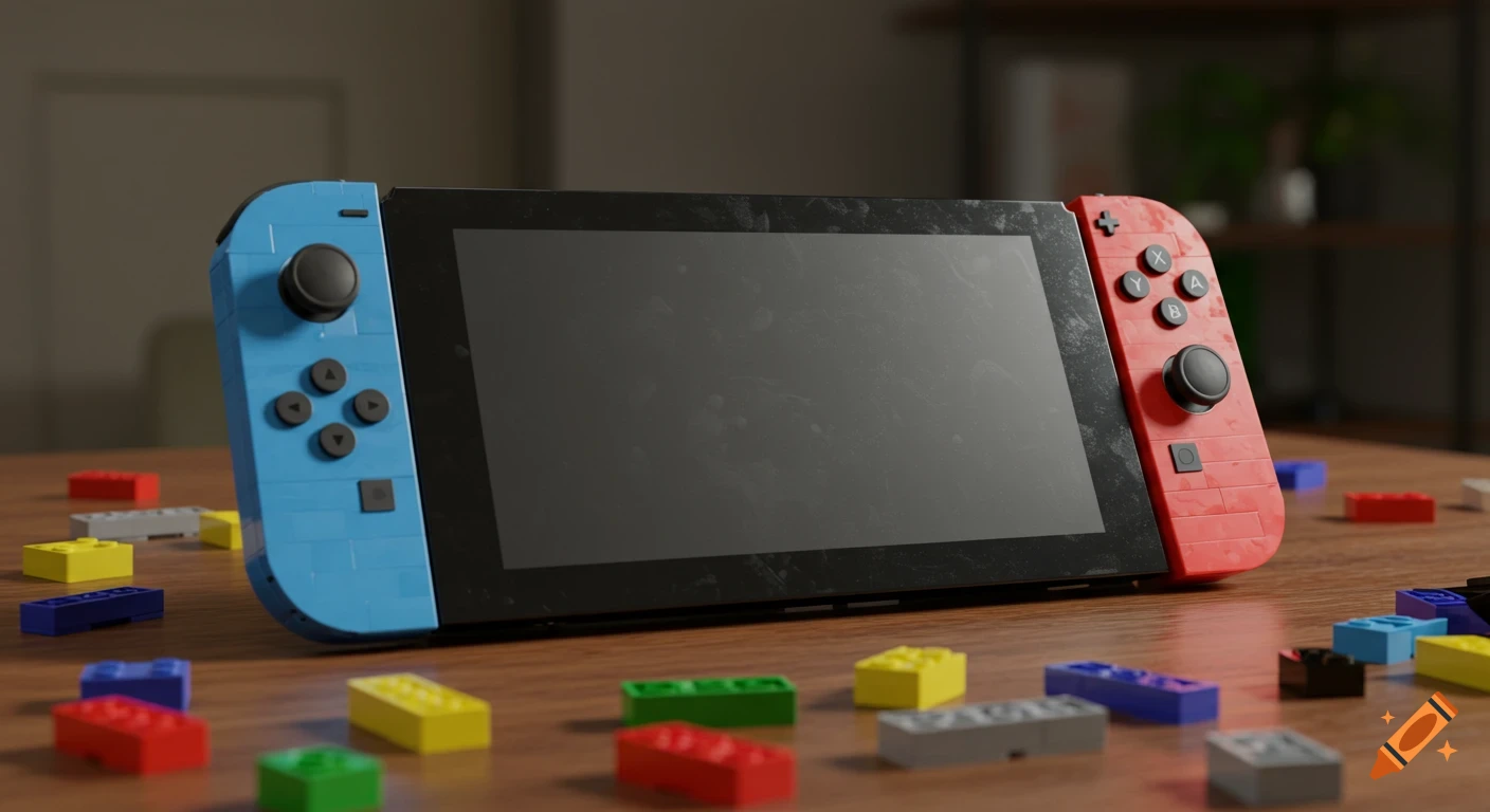 Photorealistic 3D render of a Nintendo Switch made of blue and red Lego bricks, on a wooden table with scattered colorful Lego pieces.