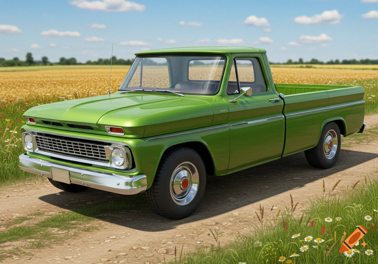 A bright green vintage pickup truck is parked on a dirt road next to a golden wheat field under a blue sky.