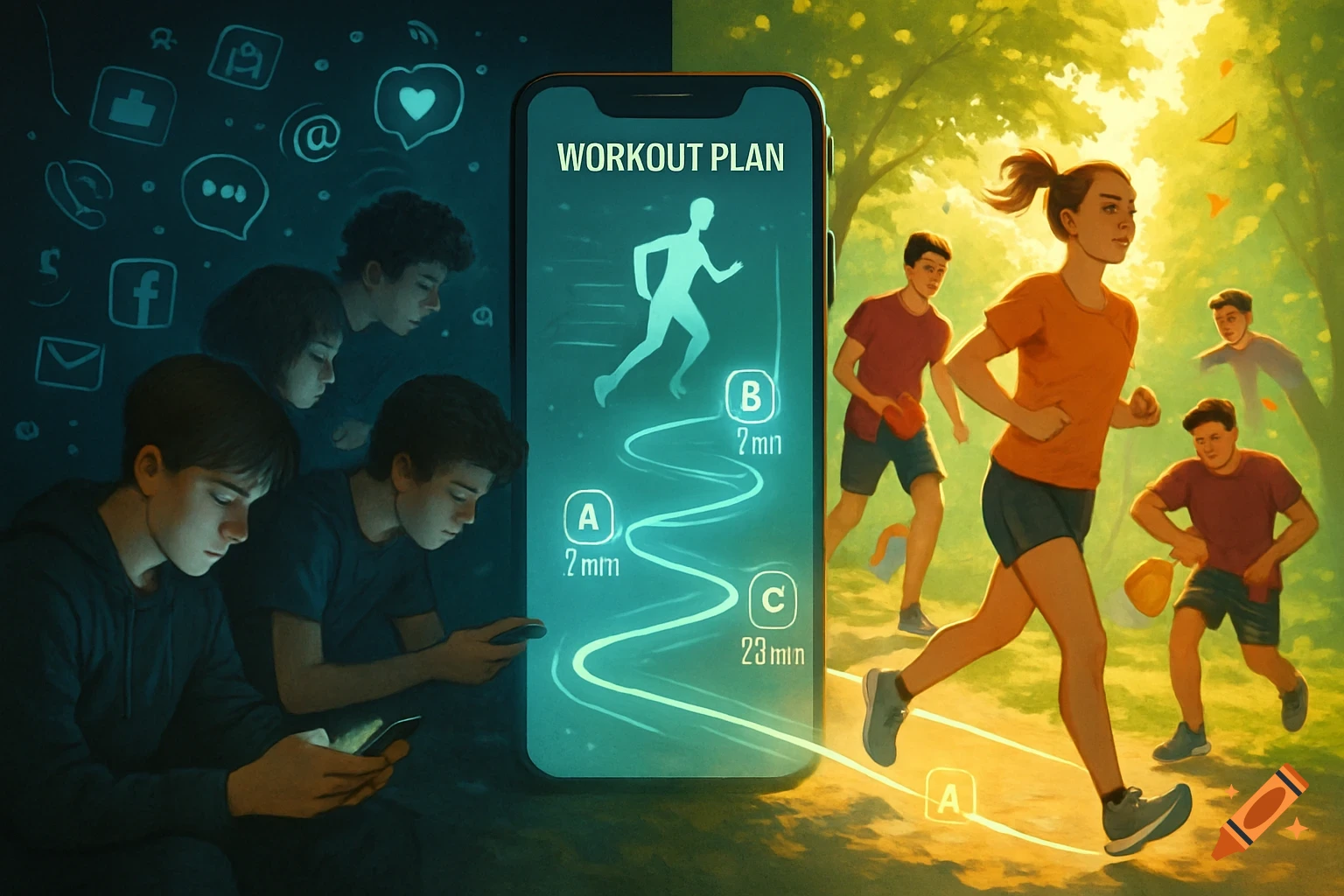A split image showing teenagers glued to phones on the left and a diverse group of teens running outdoors on the right, connected by a phone displaying a "WORKOUT PLAN" with a glowing path.
