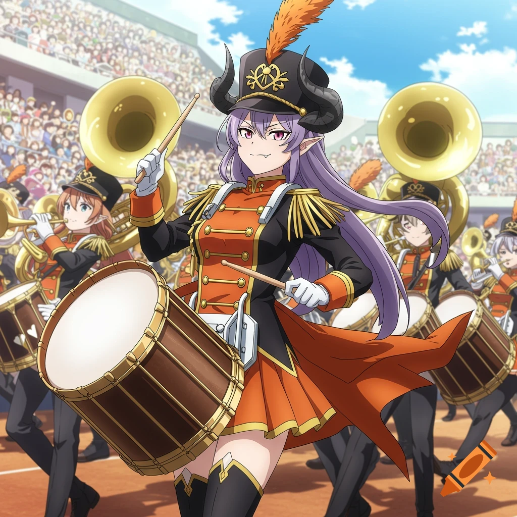 An anime demon girl with purple hair plays a bass drum in an orange and black marching band uniform inside a stadium.