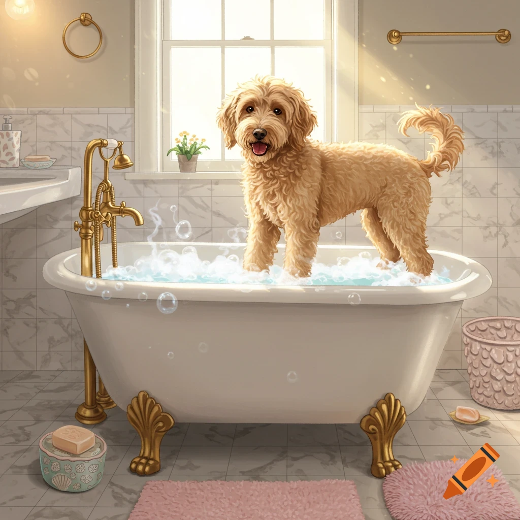 A golden labradoodle dog happily standing in a bubbly white clawfoot bathtub in a bright bathroom.
