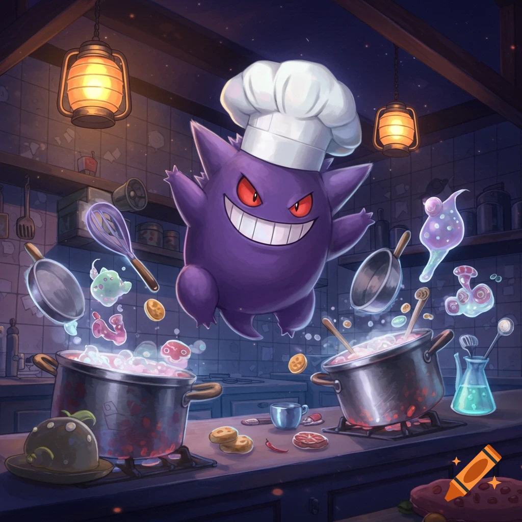 Gengar, a purple Pokémon, wearing a chef hat, floats in a kitchen surrounded by levitating cooking utensils and bubbling pots on a stove.