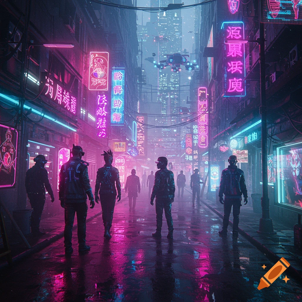 A bustling cyberpunk city street at night, illuminated by vibrant neon signs in pink and blue, with figures walking through a misty, reflective wet street.