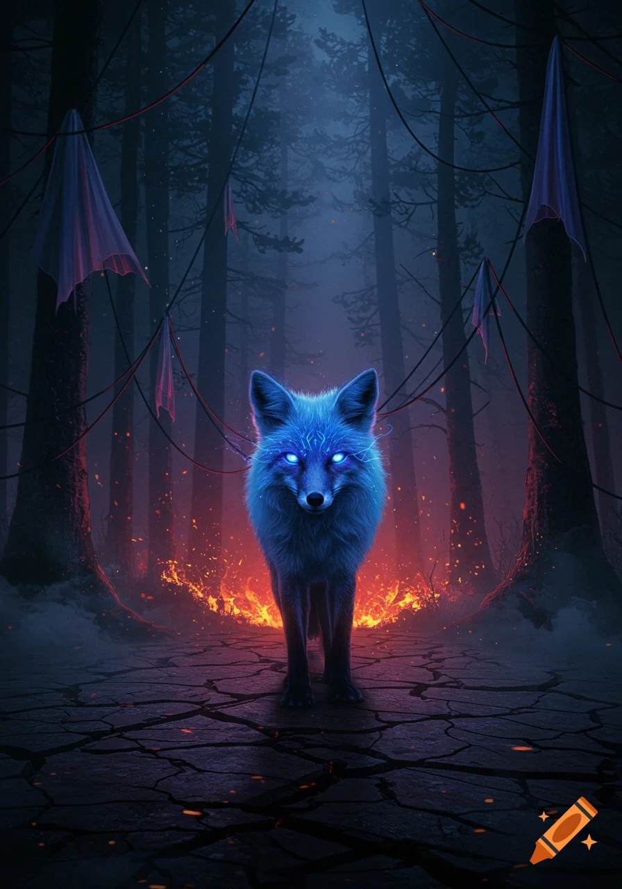 A glowing blue fox with bright eyes stands in a dark, mystical forest with fire and cracked earth.