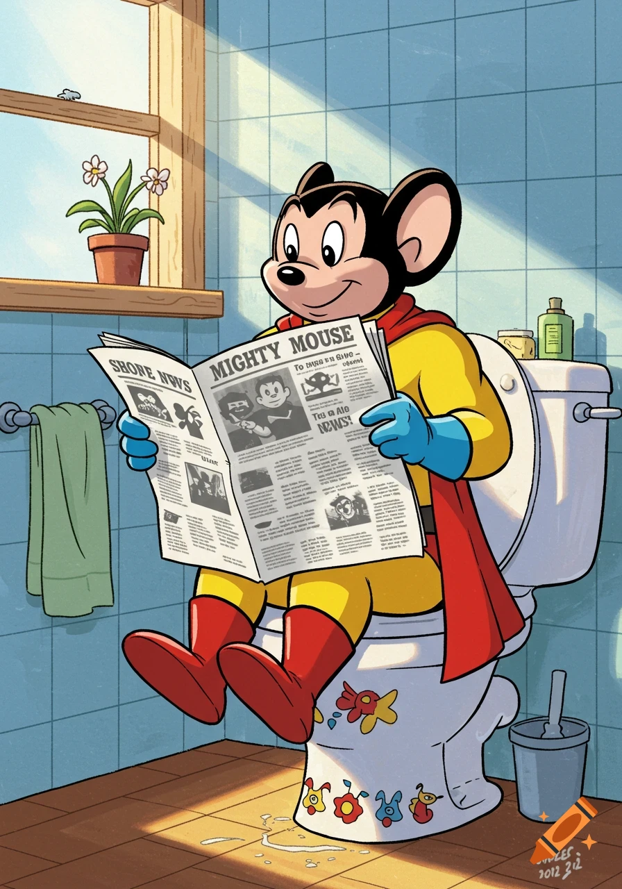 Mighty Mouse sits fully clothed on a decorated toilet, reading a newspaper in a tiled bathroom with a window and plant. Cartoon art style.