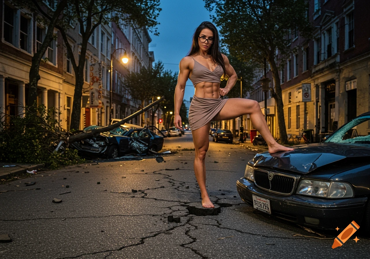 Photorealistic image of a superstrong, fit brunette woman in a short dress and glasses, standing barefoot amidst a dramatically destroyed city street with crushed cars and cracked pavement at dawn.