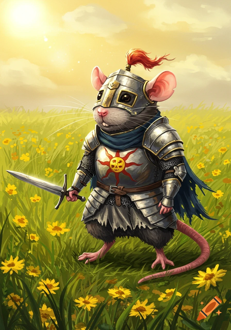 A cute rat wearing Solaire's armor from Dark Souls, holding a sword, stands in a sunny field of yellow flowers.
