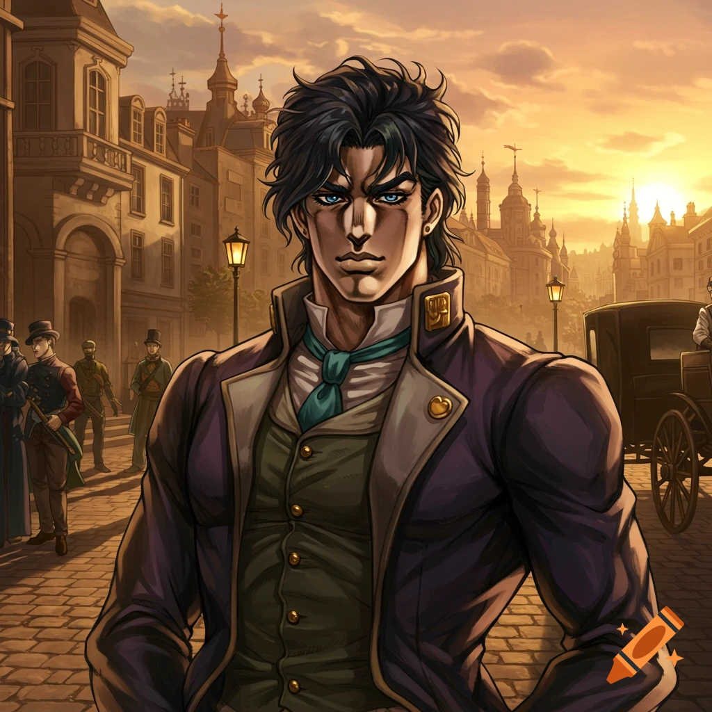 An anime character, Jonathan Joestar, in a Victorian-era city street at sunset.