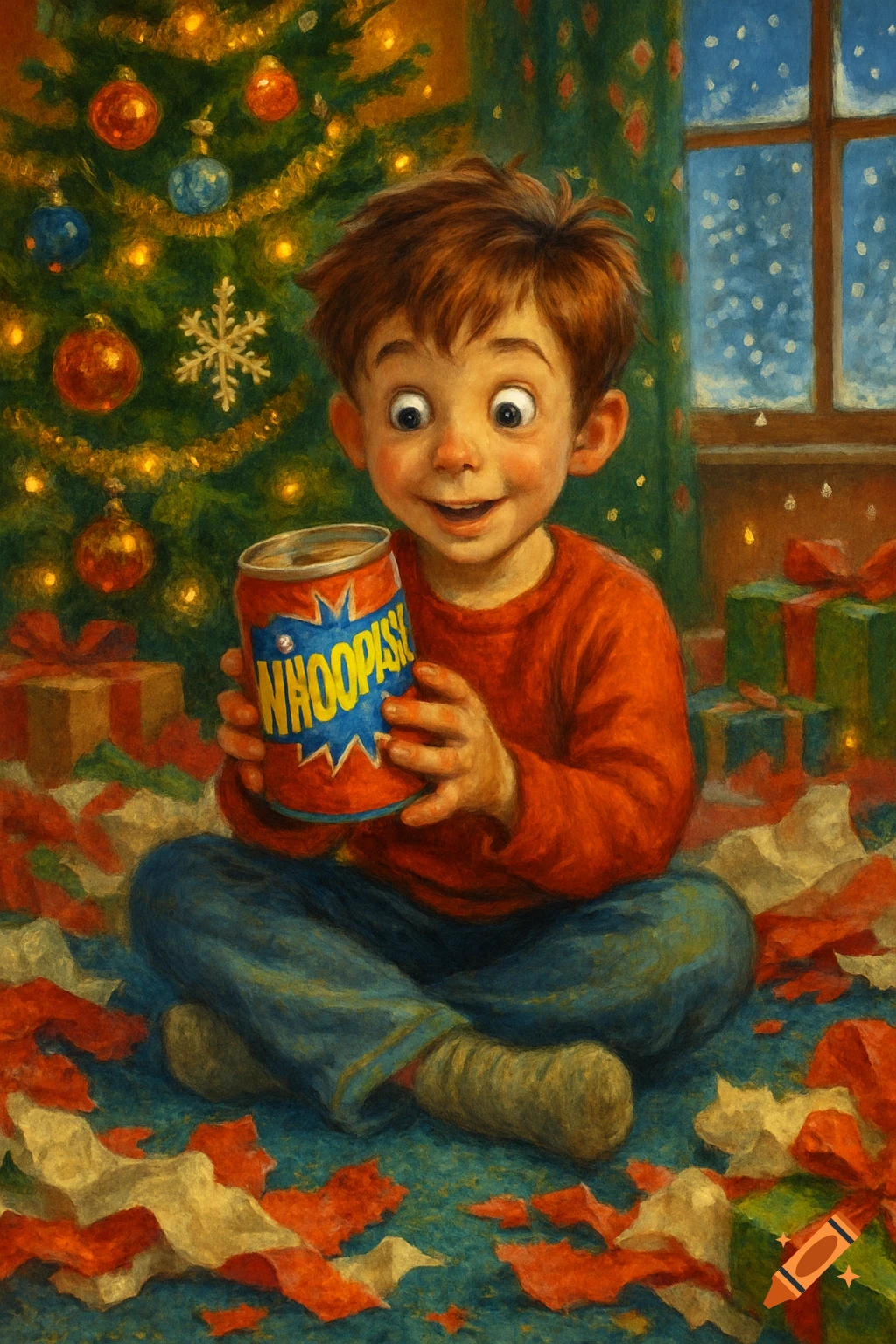 A painting of a happy young boy opening a can labeled 'WHOOPASS!' on Christmas morning, surrounded by wrapping paper.