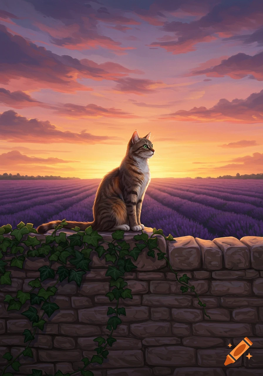A tabby cat sits on a stone wall, overlooking a purple lavender field at sunset in a digital painting.