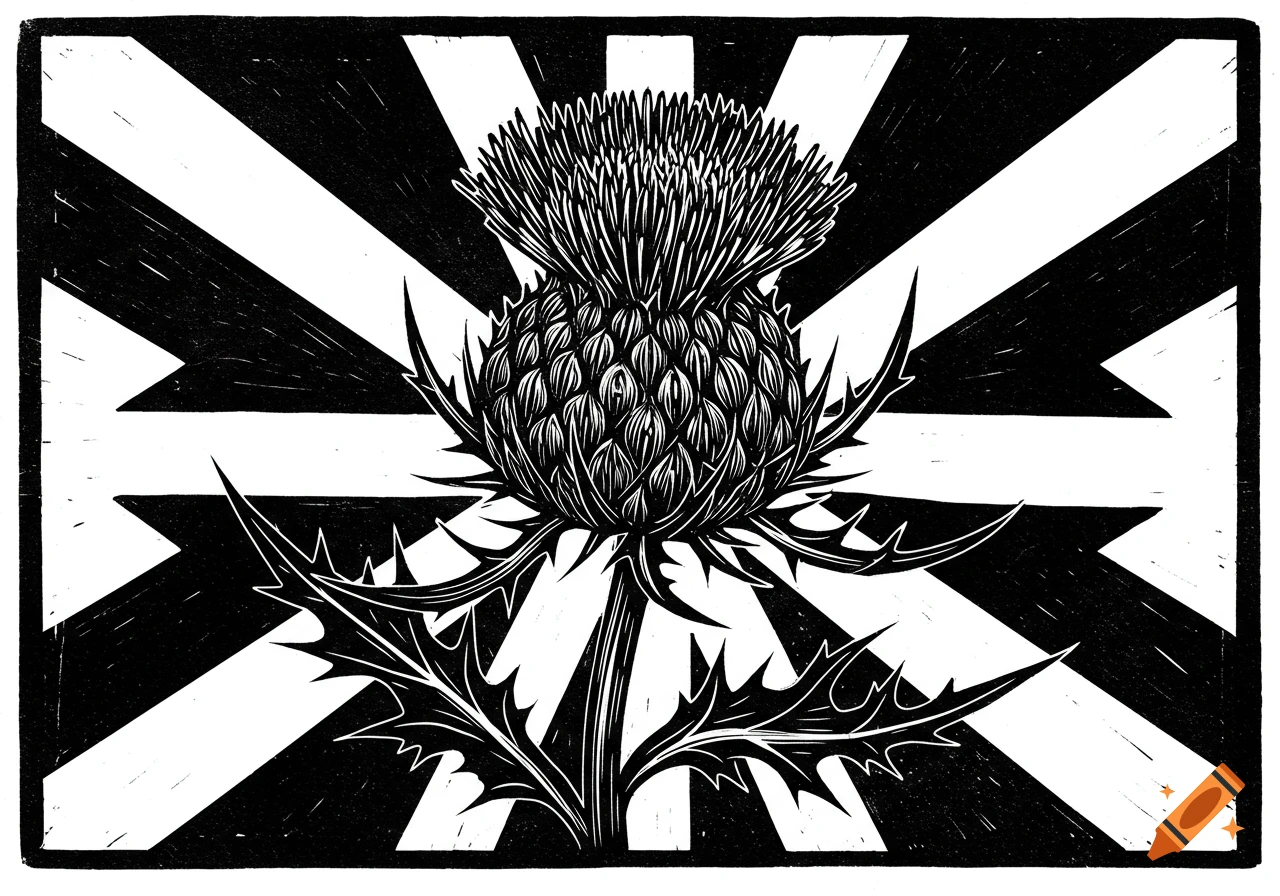 A black and white linocut illustration of a thorny thistle-like flower with a spiky head, against a background of bold diagonal stripes.