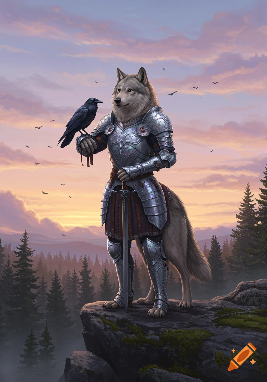 A majestic anthropomorphic wolf knight in shining armor stands on a cliff with a raven on its arm, overlooking a forest at sunset.