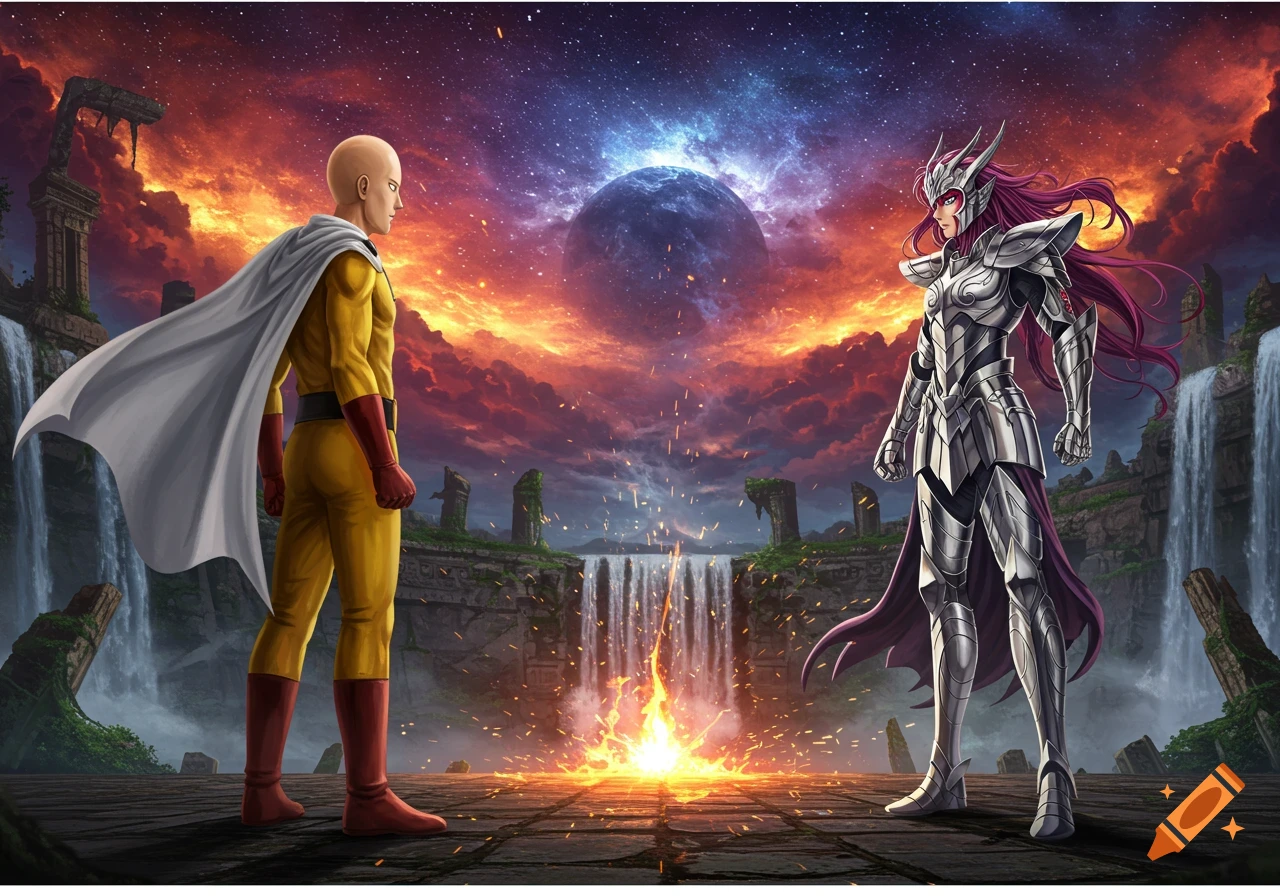 Saitama and Zesshi Zetsumei confront each other on ancient ruins with a fiery burst, under an epic starry sky with waterfalls.