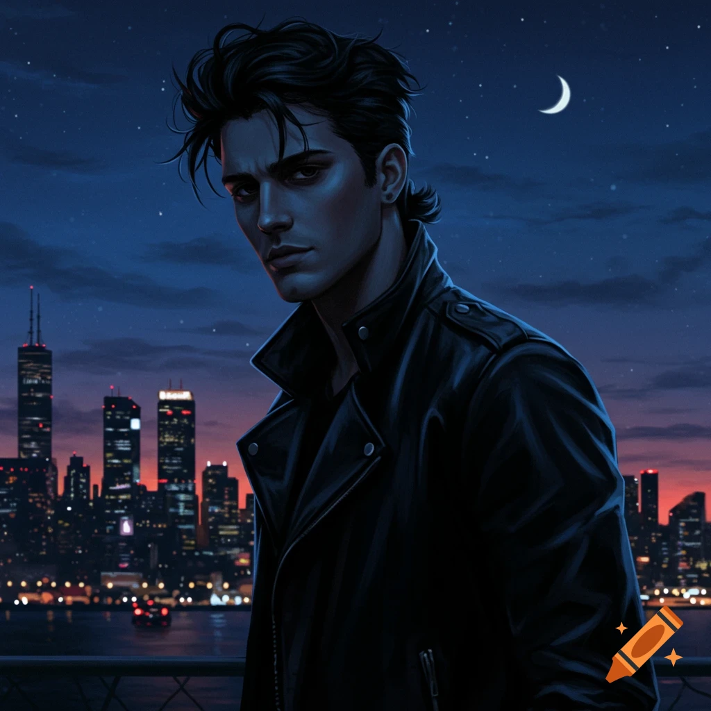 A moody digital art portrait of a man in a black leather jacket overlooking a dark city skyline at night under a crescent moon.