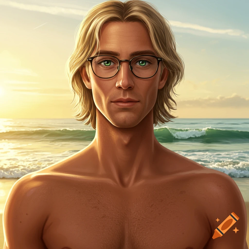 A shirtless man with dirty blonde hair, green eyes, and glasses stands on a beach with the ocean and a golden sky in the background.