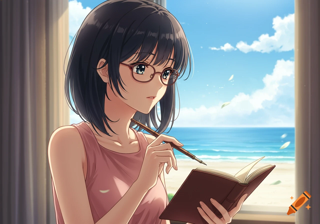 Anime-style illustration of a young woman with short dark hair and glasses, reading a book by a window overlooking a sunny beach.