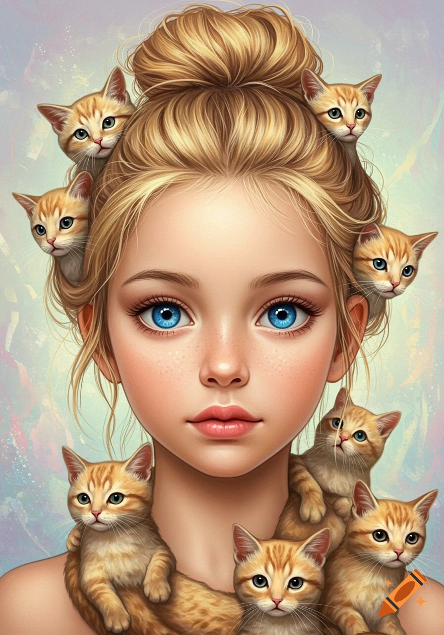 A stylized portrait of a young girl with blonde hair in a bun and bright blue eyes, surrounded by ginger cats emerging from her hair and draped around her neck. The background is soft and colorful.