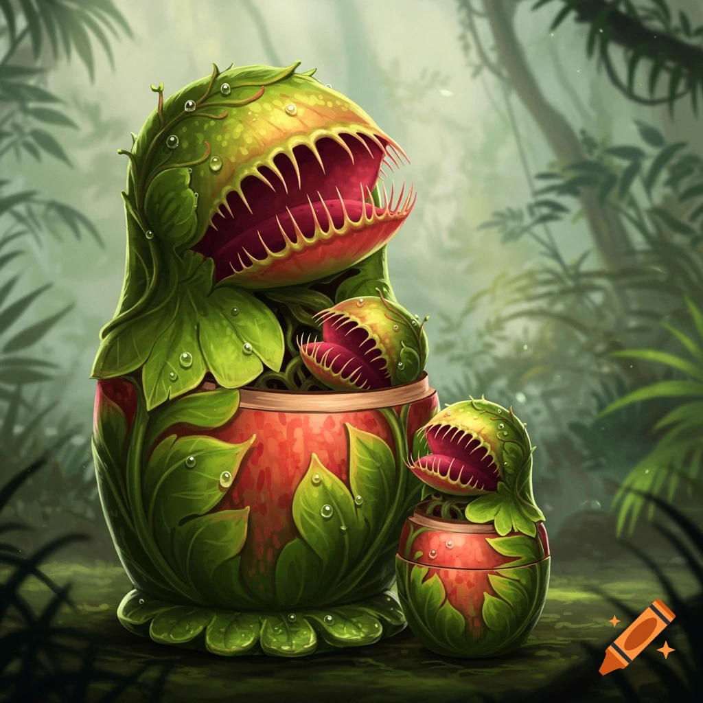 Several Venus flytrap-styled matryoshka dolls sit in a lush green jungle environment with vines and leaves.