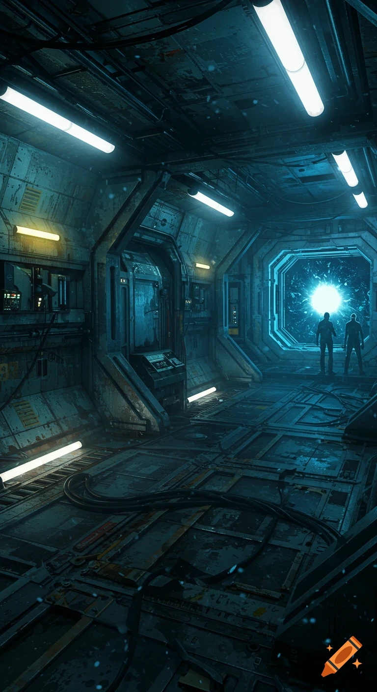 A dystopian space station corridor with two shadowy figures looking out a glowing blue void portal. Dark, rusty, and industrial.