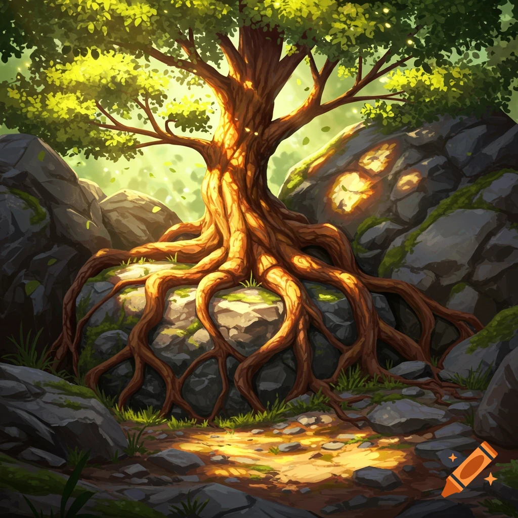A vibrant, stylized tree with large roots wrapped around mossy rocks, bathed in bright, ethereal sunlight.