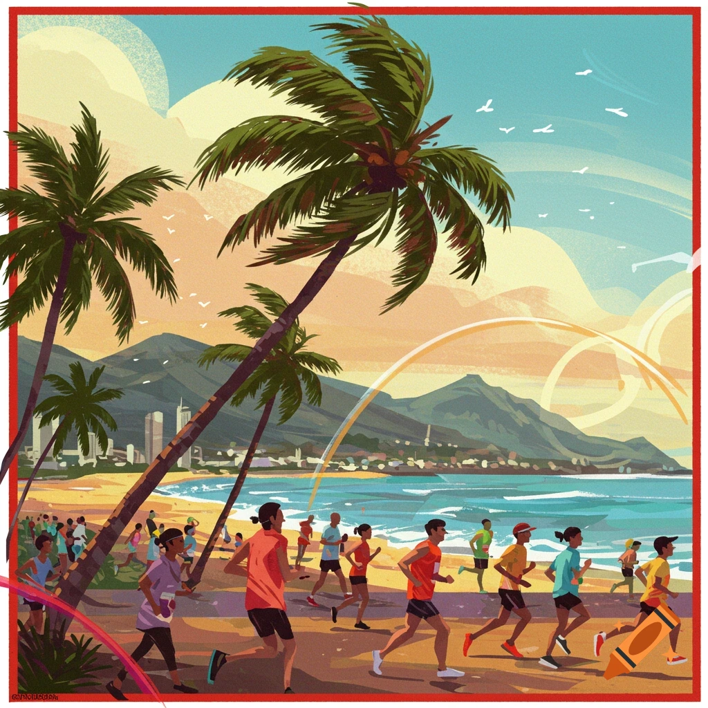 Stylized illustration of a marathon race on a tropical beach road with palm trees, mountains, and ocean in the background at sunset.