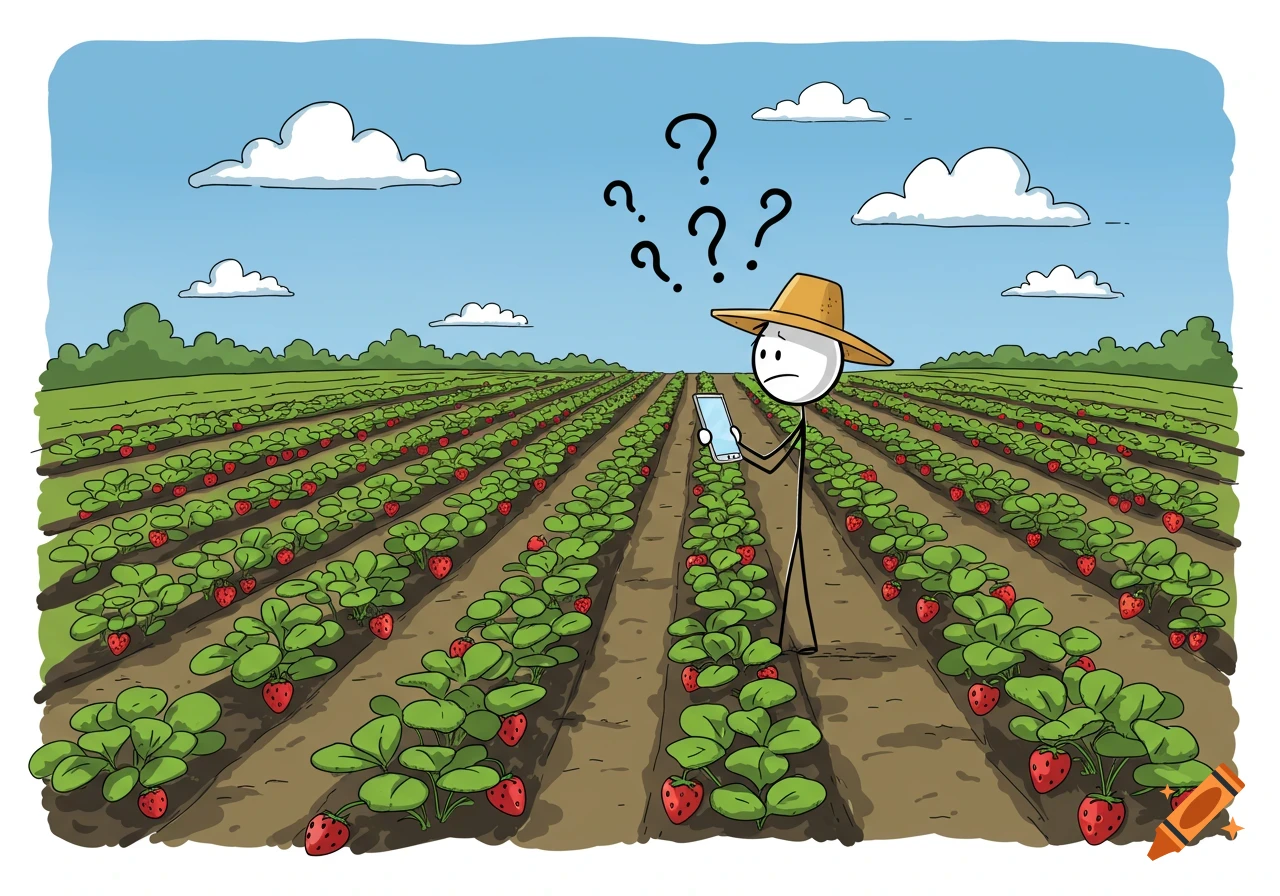 Confused stick figure farmer in straw hat stands in strawberry field, looking at phone with question marks above head. Cartoon.