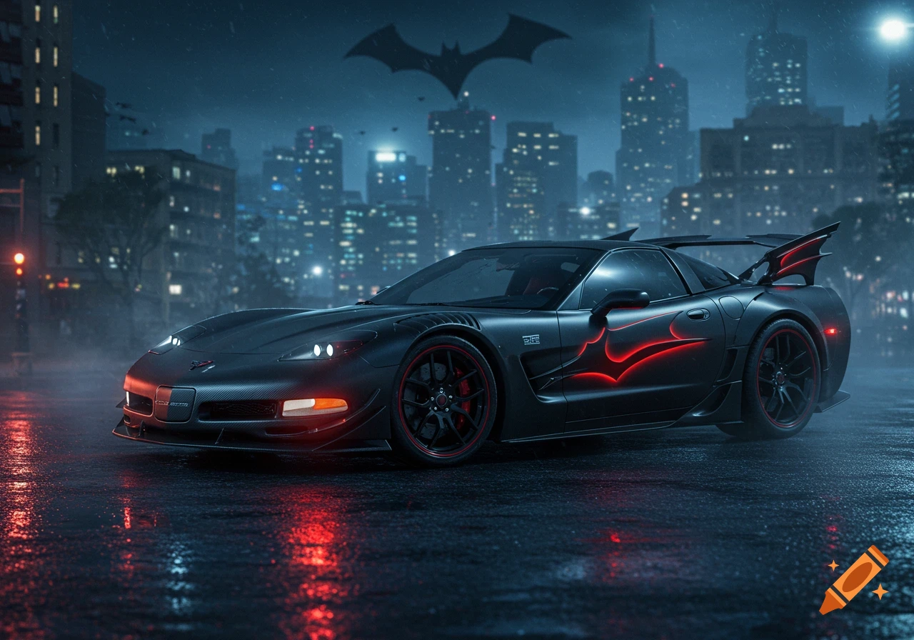 A dark gray C5 Corvette with glowing red bat-like designs on its side and a bat-winged spoiler is parked on a wet city street at night. A large bat symbol is silhouetted in the sky above skyscrapers.