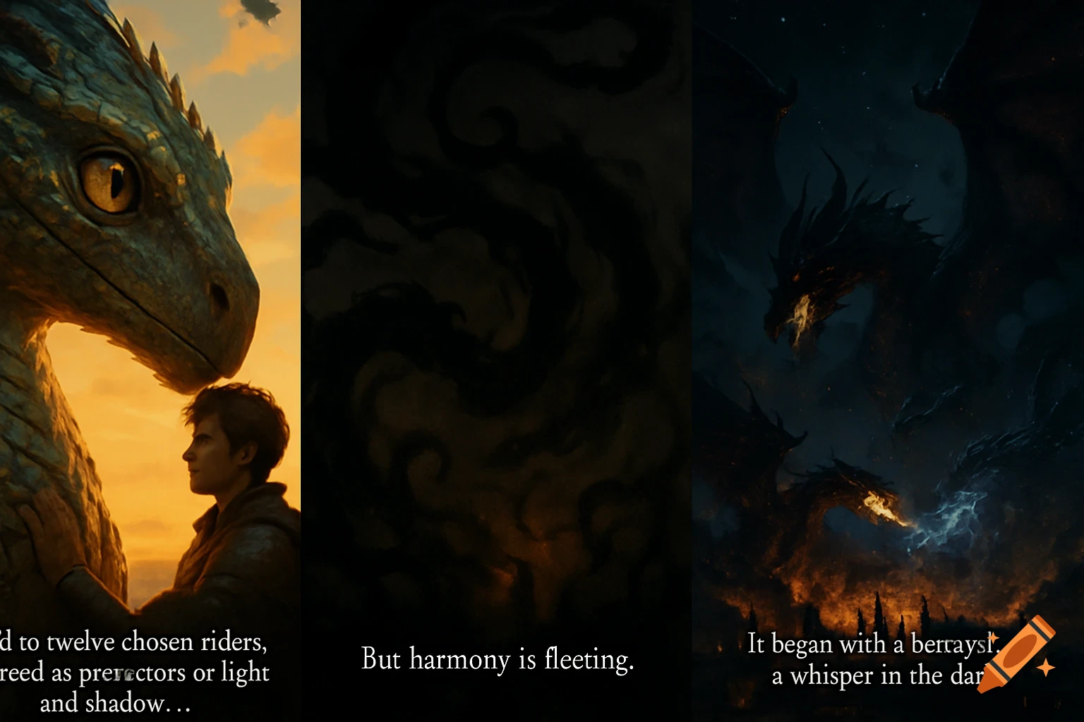 Three vertical panels showing a fantasy story: a boy and a dragon at sunset, then dark shadowy tendrils, and finally multiple dragons fighting amidst flames at night.