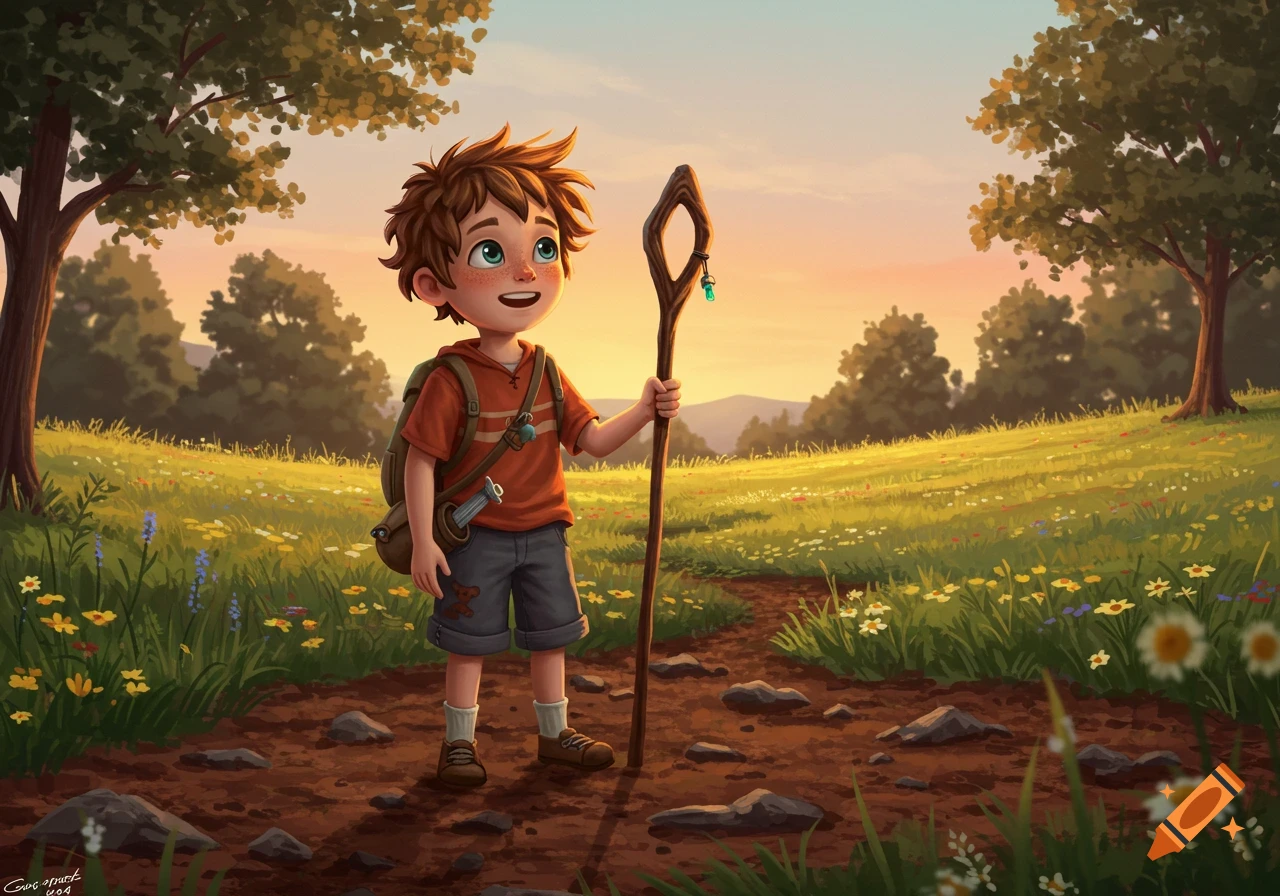 A smiling cartoon boy with a backpack and a staff walks on a dirt path through a sunny, wildflower-filled field.