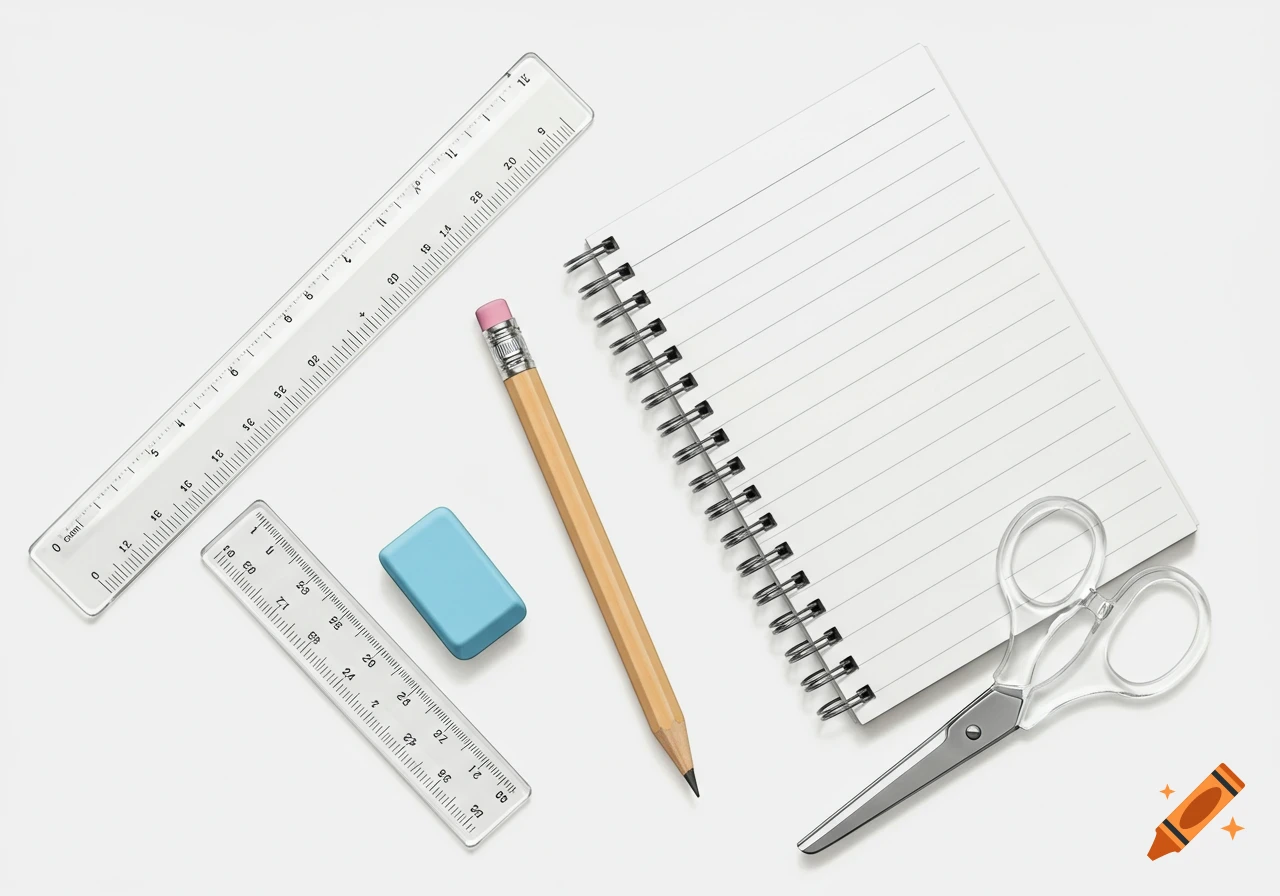 A flat lay of school supplies including two rulers, a pencil, an eraser, a spiral-bound notebook, and a pair of scissors on a white background.