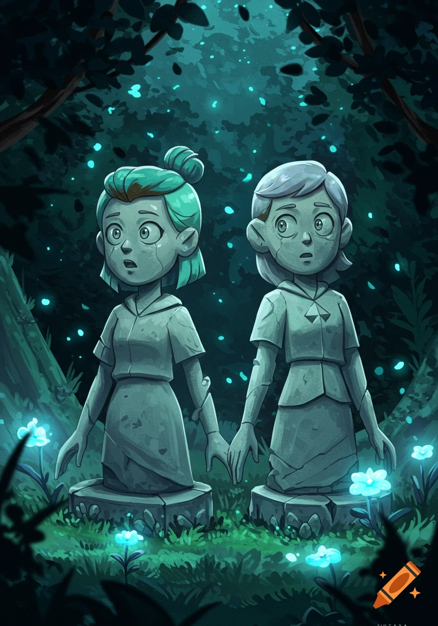Cartoon statues of two girls, one with green hair, one with grey hair, holding hands in a dark magical forest with glowing blue flowers.