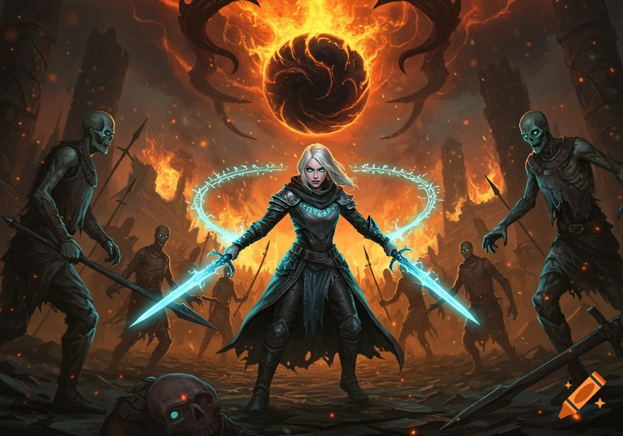 A female warrior with glowing dual swords and magical rings battles undead in a fiery, dark fantasy landscape under a black orb.